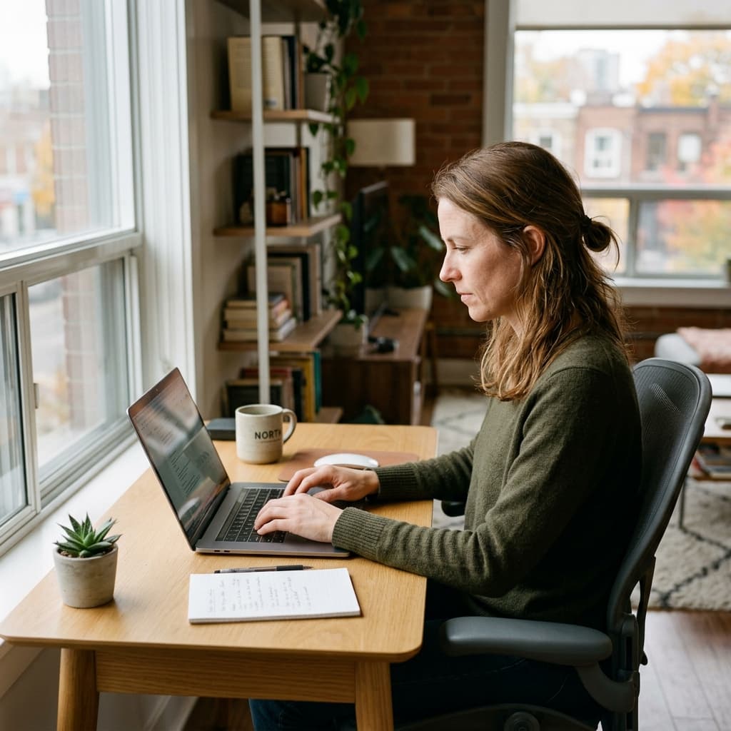 A focused professional working at a laptop beside a sunny window in a modern workspace