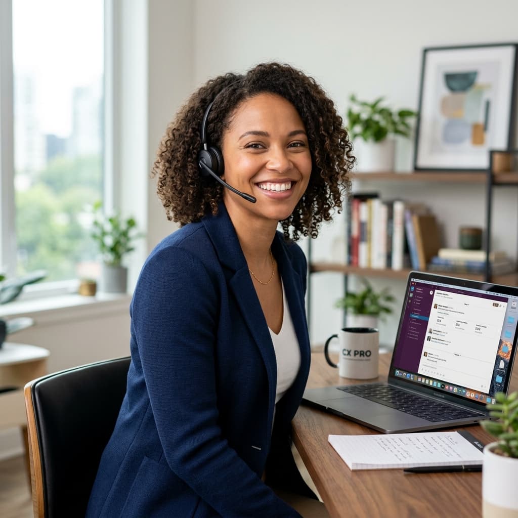 A smiling professional in a headset working from a bright home office